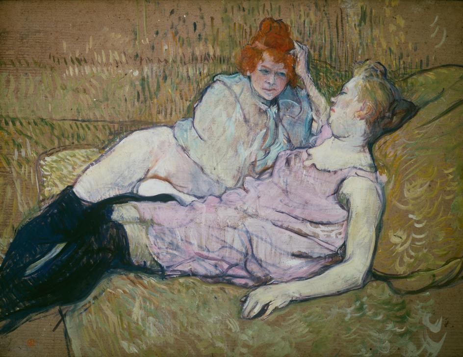 Henri de Toulouse-Lautrec, Le sofa (Erotik,Frau,Jugendstil,Kunst,Prostitution,Unterwäsche (Damen),Lesbische Liebe,Prostituierte,Langeweile,Sofa,Französische Kunst,Erotische Kunst,Sexualität,Belle Epoque,Fin De Siecle,Neglige,Frauenleben,Bordell,Halbwelt,Damenstrumpf,Liegen,Freundin)