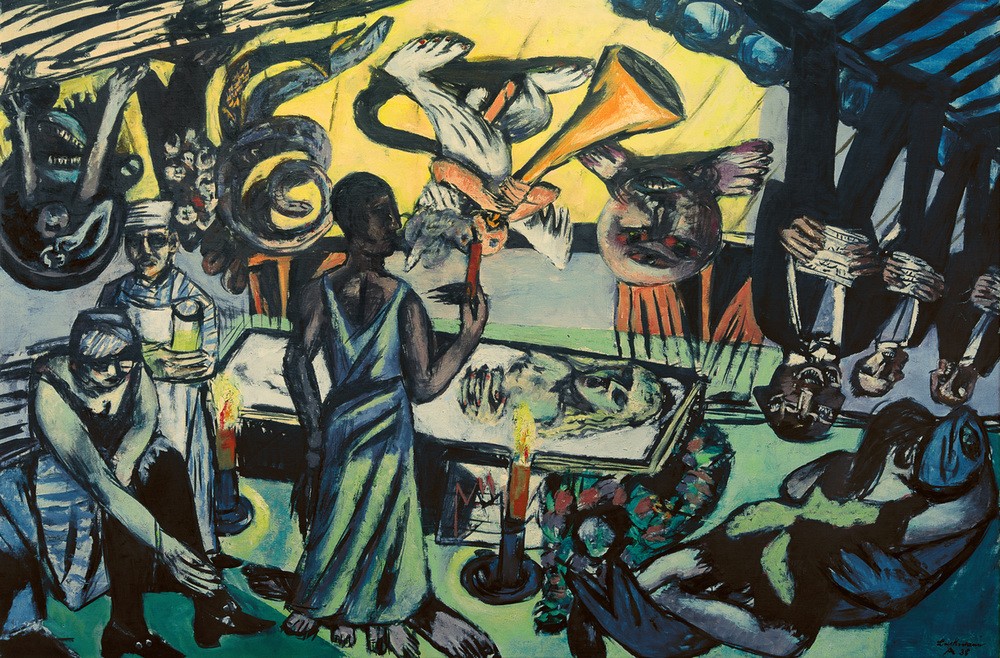 Max Beckmann, untitled (Engel, Kerzen, Männerchor, verkehrte Welt, Personen, Klassische Moderne, Malerei, Expressionismus, Mensch und Gesellschaft, Wunschgröße, Wohnzimmer, bunt)
