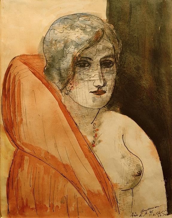 Max Beckmann, Frau im Pelz (Portrait, junge Frau, Aktmalerei, Busen, Brust, Pelzkragen, Expressionismus, Mensch und Gesellschaft, Wunschgröße, Wohnzimmer, bunt)