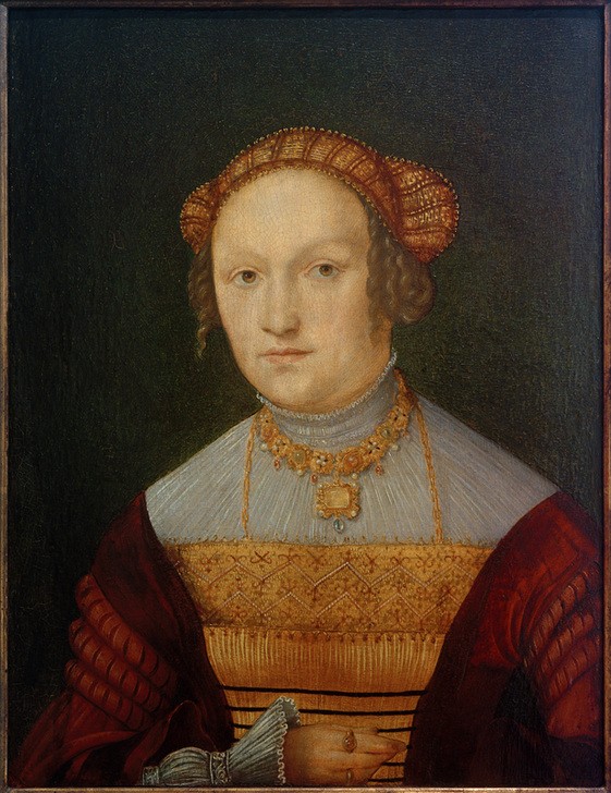 Kulmbach, Hans Von, eigentl. Hans SÜss, Susanna von Bayern (Damenmode,Deutsche Kunst,Frau,Kette (Schmuck),Kopfbedeckung,Kunst,Mode,Ring,Schmuck,Renaissance,Portrait,Halskette,Adel,Haube,Markgräfin,Fingerring,Kleidung (Allgemein),Blick Aus Dem Bild,Brustbild,Halbprofil,Brandenburg-Kulmbach,Person)