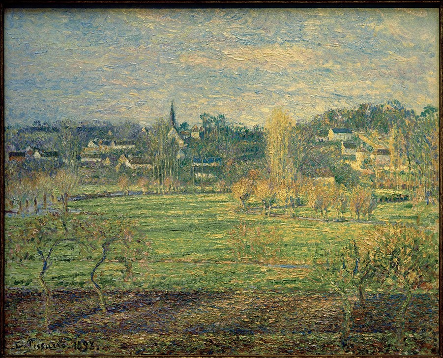Camille Pissarro, Februar, Sonnenaufgang, Bazincourt (Februar,Jahreszeiten,Kunst,Landschaft,Winter,Tageszeiten,Morgen,Impressionismus,Wiese,Sonnenaufgang,Französische Kunst)
