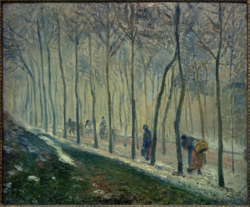 Camille Pissarro, Straße im Schnee (Allee,Jahreszeiten,Kunst,Landstrasse,Landschaft,Pferdewagen,Strasse (Allgemein),Verkehr,Winter,Wald,Impressionismus,Schnee,Französische Kunst,Fussgänger,Fussgängerin)