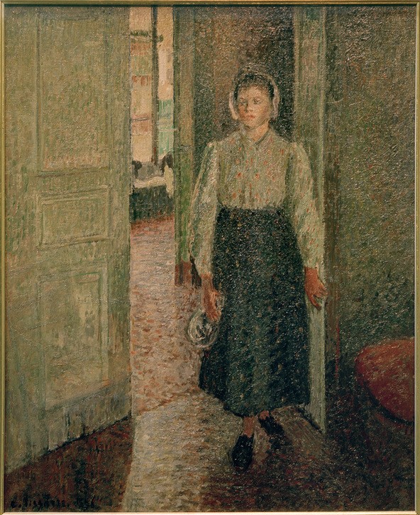 Camille Pissarro, Die kleine flämische Magd namens Rosa (Dienstboten,Frau Und Beruf,Frau,Gesellschaft,Kunst,Mädchen,Personal,Impressionismus,Portrait,Französische Kunst,Dienstmädchen,Hauspersonal,Junge Frau,Ganzfigurig,Hausmädchen)