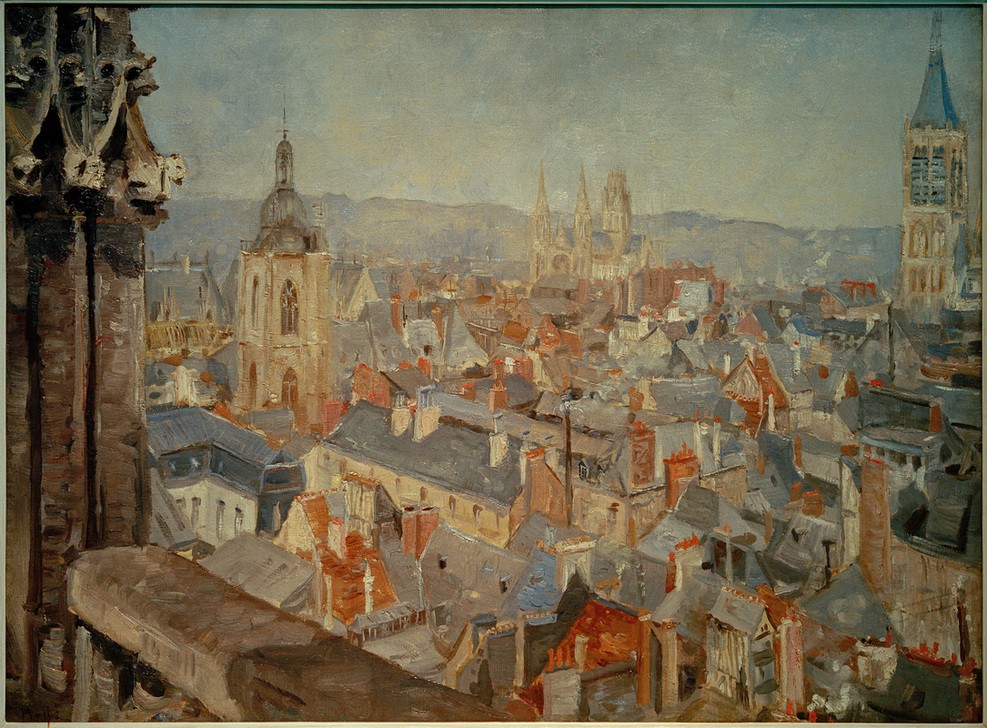 Ludovic Piette, Blick über die Dächer von Rouen (Altstadt,Geographie,Kunst,Turm,Urbanistik,Stadtansicht,Architekturdarstellung,Französische Kunst,Ansicht,Dachlandschaft,Kirchturm,Topographie,Kathedrale,Innenstadt)
