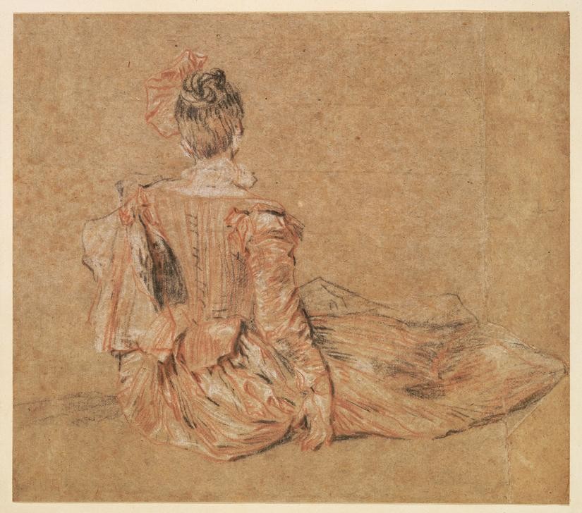 Jean-Antoine  Watteau, A woman seen from the back (Zeichnung, Klassiker,  Rückenansicht, sitzende Frau, Mode, Rokoko, Wohnzimmer, Schlafzimmer, Wunschgröße)