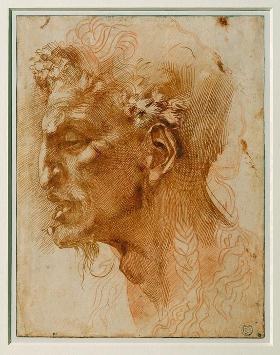 MICHELANGELO BUONARROTI, Head of a faun (Gesicht, Portrait, Profil, Faun, Fabelwesen, Mythologie,  Skizze, Zeichnung, Klassiker, Renaissance, Wunschgröße, Rötel)