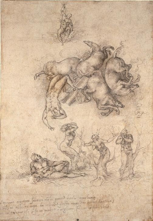 MICHELANGELO BUONARROTI, The Fall of Phaeton (Sonnenwagen, Sturz Absturz, Heliaden, Schwestern, Verwandlung, Pappeln, Mythologie, Skizze, Zeichnung, Klassiker, Renaissance, Wunschgröße, schwarz/weiß)