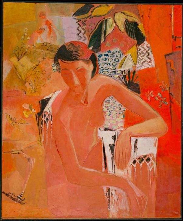 Oskar Moll, Badende mit Fransentuch (Aktmalerei, Frau, nackt, Badetuch, Baden, Ornamente,    Klassische Moderne, Malerei, Expressionismus,  Wohnzimmer, Wunschgröße, rot/orange)