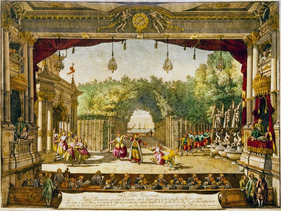 Bernardo Bellotto, Szenenbild aus ‘Les Turcs généreux’ im Wiener Burgtheater (Bühne, Szenenbild, Theater, wien, Schauspieler,  Orchestergraben, Musiker,   Orientalismus,   historisch, Rokoko, Malerei, Wohnzimmer, Wunschgröße, Klassiker, bunt)