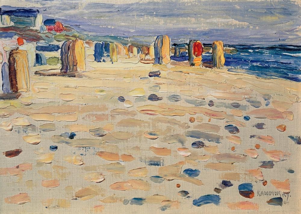 Wassily Kandinsky, Holland – Strandkörbe (Landschaft, Freizeit, Seebad, Sommer, Strand, Meer, Urlaub, Strandkorb, Russische Kunst, Meeresbrise, Impressionismus, Malrei,  Wohnzimmer, Treppenhaus, Wunschgröße, bunt)