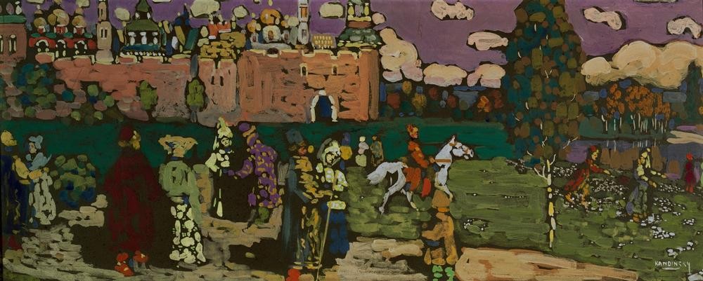 Wassily Kandinsky, Russische Szene (Burg, Gesellschaft, Landschaft, Reiter, Jugendstil, Märchen, Frühwerk, Wohnzimmer, Treppenhaus, Wunschgröße, bunt)