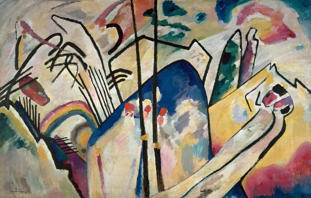Wassily Kandinsky, Komposition IV (Krieg,Kunst,Landschaft,Mensch,Regenbogen,Schlacht,Expressionismus,Der Blaue Reiter,Abstrakte Kunst,Russische Kunst,Abstraktion,Berg,Neue Kuenstlervereinigung Muenchen,Farbigkeit,Signatur,Symbolik,Farbe)