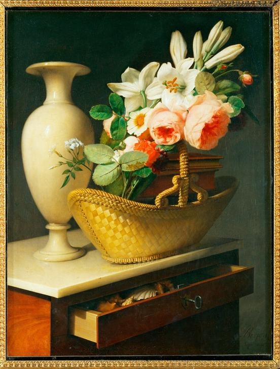 Antoine Berjon, Blumenstrauß aus Lilien und Rosen in einem Korb auf einer Chiffonniere (Kommode,Lilie,Rose,Stillleben,Empire,Vase,Korb,Blume,Romantik)
