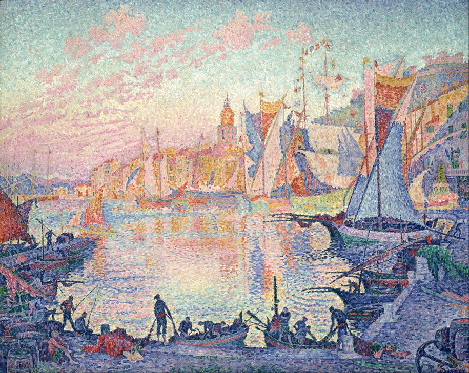 Paul Signac, The Port of Saint-Tropez (Boot,Hafen,Haus,Segelschiff,Seebrücke,Impressionismus,Pointillismus,Französische Kunst,Ufer,Fischfang,Quai)