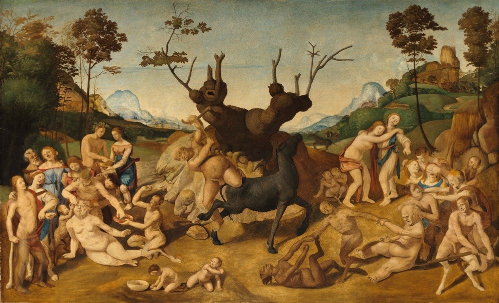Piero di Cosimo, Storia di Silenos, scena: Disavventure di Sileno (Renaissance, Satyr, Entdeckung des Honig, Maultier, Reittier, Silen, Missgeschick, Renaissance, Malerei, Klassiker, Wunschgröße, Wohnzimmer)
