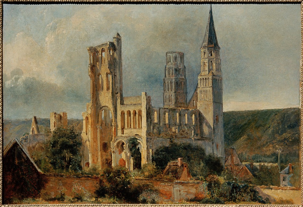 Adrien Dauzats, Ruinen d.Abteikirche von Jumièges (Abteikirche,Abtei,Architektur,Christentum,Geographie,Kirche,Kloster,Klosterkirche,Kunst,Landschaft,Religion,Ruine,Zerstörung,Romanik,Normannisch,Architekturdarstellung,Französische Kunst,Ansicht,Aussenansicht,Romantik,Topographie,Verfall,Klosterruine,Sakr)
