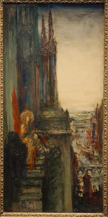 Gustave Moreau, Die reisenden Engel (Architektur,Brücke,Christentum,Engel,Kirche,Kunst,Religion,Stadt,Turm,Gotik,Symbolismus,Fluss,Reise,Stadtansicht,Architekturdarstellung,Französische Kunst,Heiligenschein,Ansicht,Ausruhen,Kirchturm,Sakralbau,Kathedrale,Signatur)