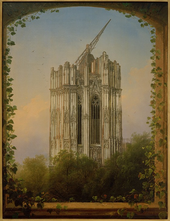 Johann Adolf Lasinsky, Unvollendeter Südturm (Architektur,Botanik,Christentum,Deutsche Kunst,Dom,Efeu,Fenster,Geographie,Katholische Kirche,Kirche,Kran,Kunst,Religion,Teilansicht,Turm,Gotik,Architekturdarstellung,Blick Aus Dem Fenster,Ansicht,Bauarbeiten,Aussenansicht,Kirchturm,Romantik,Topographie,U)