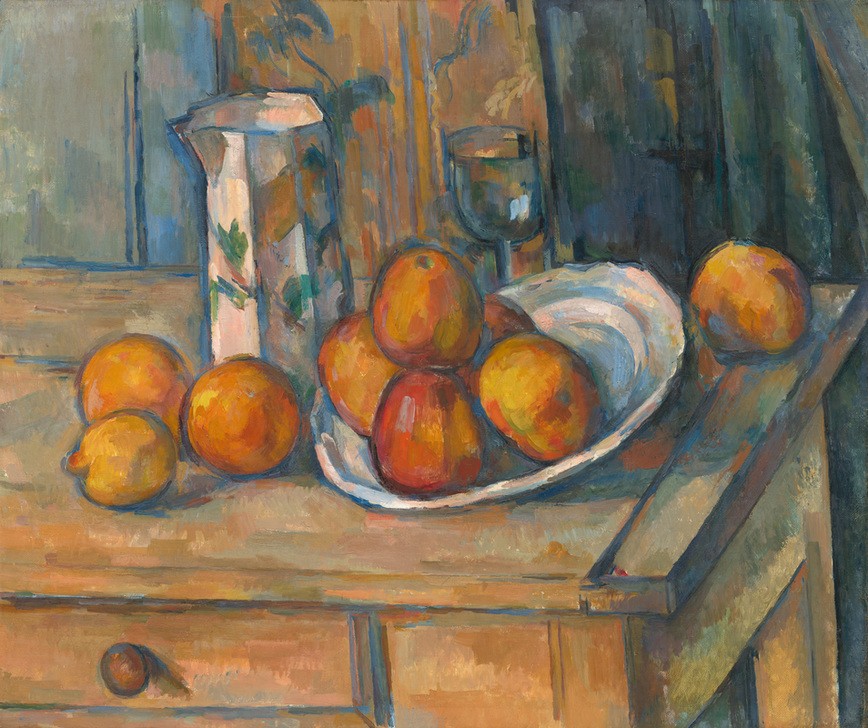 Paul Cézanne, Still Life with Milk Jug and Fruit, ca 1900 (Stillleben, Äpfel, Zitronen, Früchte, Obst, Kanne,Tisch,  Impressionismus, Wunschgröße, Wohnzimmer, Esszimmer, Klassiker,)