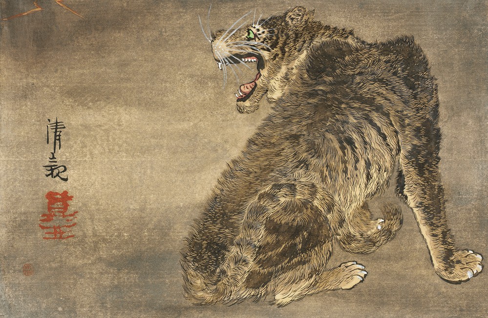 Kiyochika Kobayashi, Tiger und Blitz  (Tiger, Blitz, Raubtier, Tier,  Fauchen, Holzschnitt, japanische Kunst, Asiatische Kunst, Klassiker, Wunschgröße, Treppenhaus, Wohnzimmer, bunt)