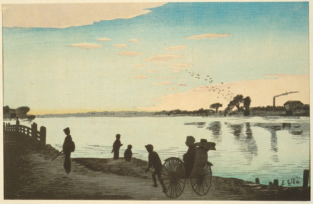 Kiyochika Kobayashi, Ishihara-Brücke von den Ufern des Sumida-Flusses aus gesehen  (Fluss, Landschaft, Holzschnitt, japanische Kunst, Asiatische Kunst, Klassiker, Wunschgröße, Treppenhaus, Wohnzimmer, bunt)