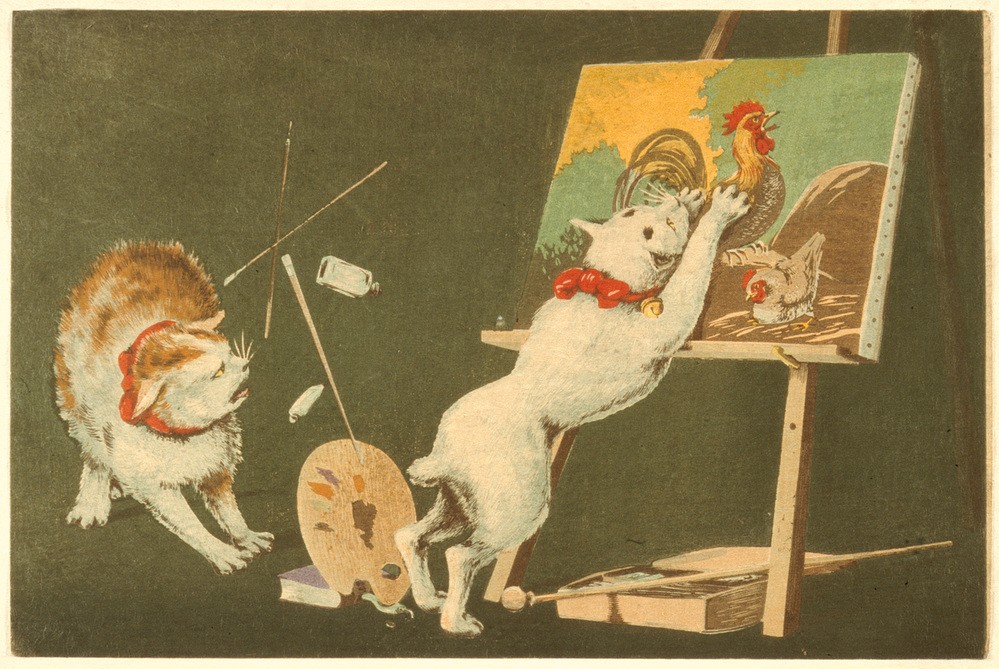 Kiyochika Kobayashi, Katzen und Leinwand  (Katzen, Unfug, Leinwand, kratzen, Malutensilien, Holzschnitt, japanische Kunst, Asiatische Kunst, Klassiker, Wunschgröße, Treppenhaus, Wohnzimmer, bunt)
