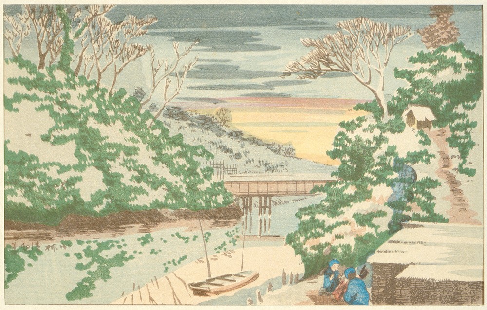 Kiyochika Kobayashi, Schnee in Ochanomizu  (Landschaft, Winter, Schnee, Holzschnitt, japanische Kunst, Asiatische Kunst, Klassiker, Wunschgröße, Treppenhaus, Wohnzimmer, bunt)