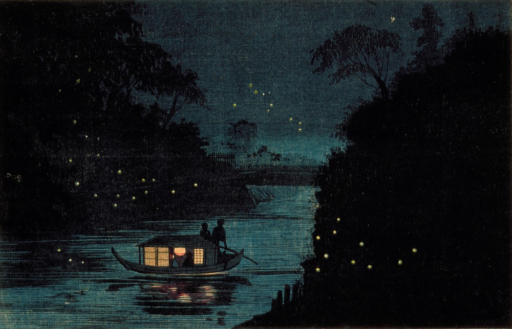Kiyochika Kobayashi, Glühwürmchen bei Ochanomizu  (Nachtszene, See, Hausboot, Glühwürmchen, Holzschnitt, japanische Kunst, Asiatische Kunst, Klassiker, Wunschgröße, Treppenhaus, Wohnzimmer, blau/schwarz)