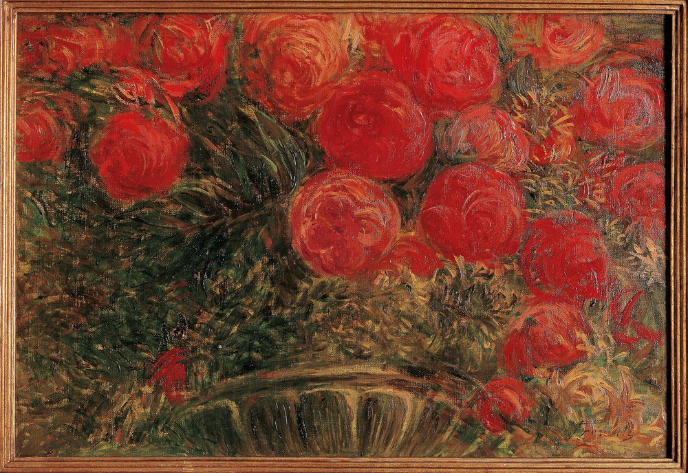 Gaetano Previati  Roses (Stillleben, Bouquet, Rosenstrauß, Blumen, üppig,  Malerei, Klassische Moderne, Wunschgröße, Wohnzimmer, Esszimmer)