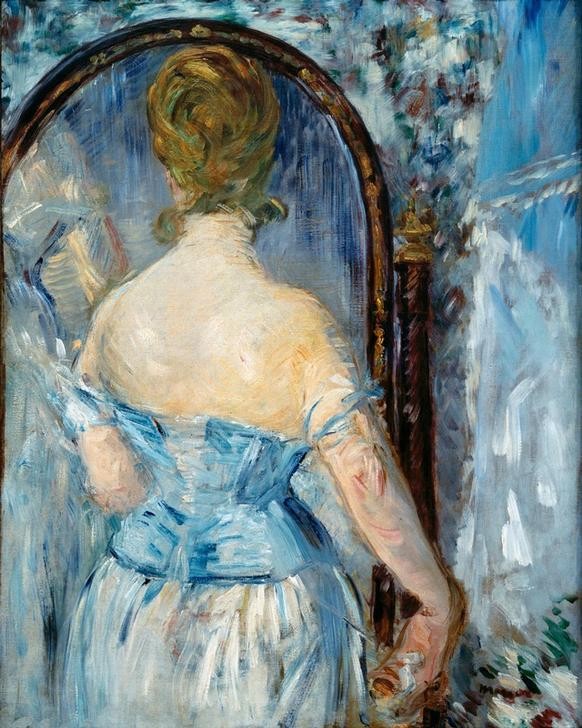 Edouard Manet, Devant la glace (Körperpflege,Bad,Damenmode,Frau,Kunst,Mensch,Mieder,Mode,Morgentoilette,Spiegel,Unterwäsche (Damen),Ankleiden,Portrait,Rückenfigur,Französische Kunst,Korsett,Betrachten,Schulterfrei,Taille,Halbfigur,Schnürmieder)