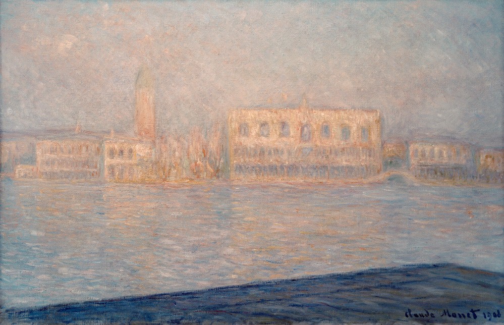 Claude Monet, Le Palais Ducal vu de Saint-Georges Majeur (Architektur,Geographie,Kunst,Palast,Stadt,Turm,Impressionismus,Campanile,Vedute,Lagune,Stadtansicht,Architekturdarstellung,Französische Kunst,Ansicht,Aussenansicht,Kirchturm,Topographie,Palazzo,Signatur)