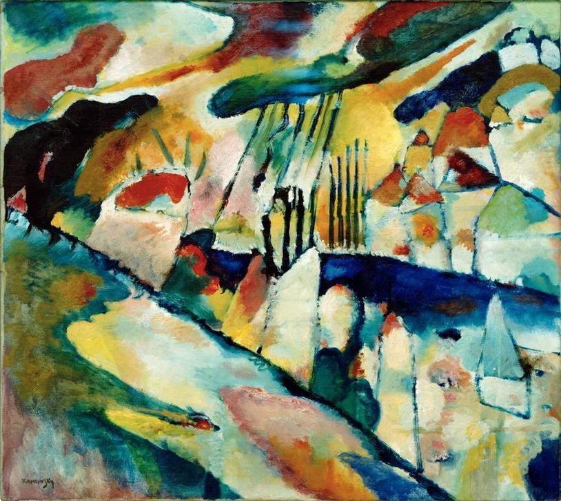 Wassily Kandinsky, Landschaft mit Regen (Haus,Kunst,Landschaft,Meteorologie,Regen,Stadt,Wetter,Wolke,Expressionismus,Der Blaue Reiter,Abstrakte Kunst,Russische Kunst,Unwetter,Abstraktion,Berg,Neue Kuenstlervereinigung Muenchen,Schlechtes Wetter,Farbigkeit,Nimbus (Wolke),Signatur,Farbe)