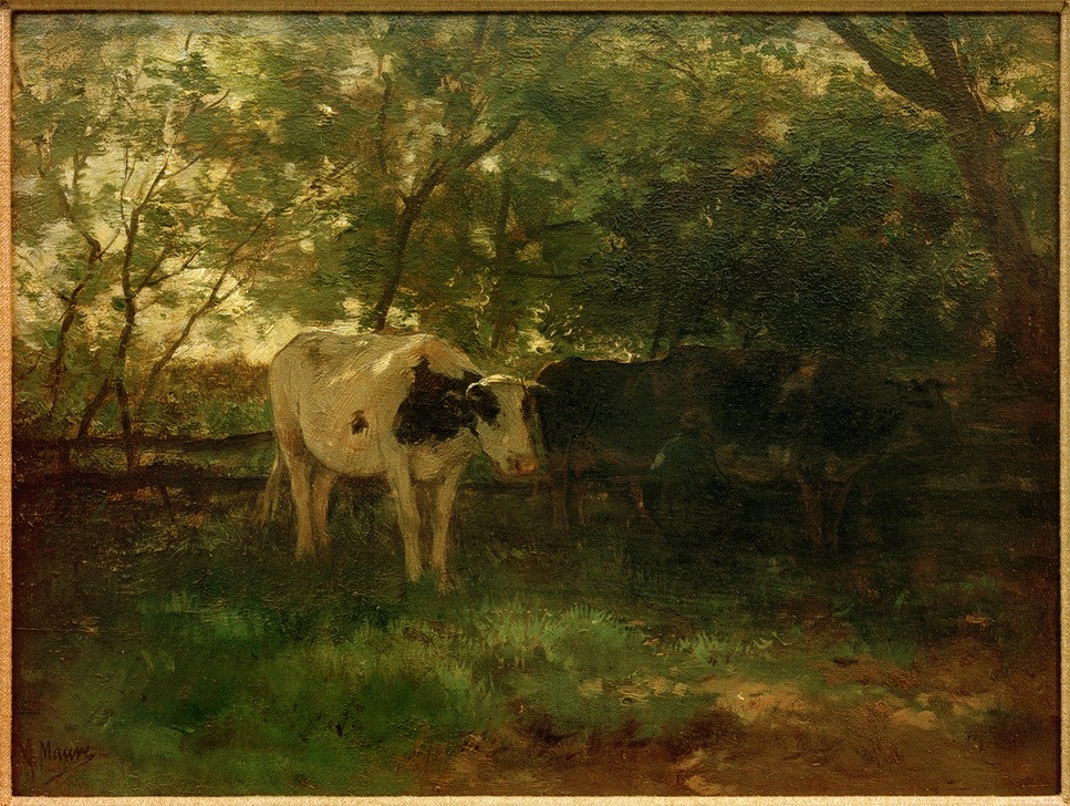 Anton Mauve, Melkzeit (Biologie,Jahreszeiten,Kunst,Landschaft,Milchwirtschaft,Rinderzucht,Rind,Sommer,Zoologie,Schatten,Zaun,Realismus,Baum,Wiese,Niederländische Kunst,Holländische Kunst,Im Freien (Allgemein),Tierleben,Tierhaltung,Tier,Vieh,Haager Schule,Laubbaum,Milchkuh,Nutzt)