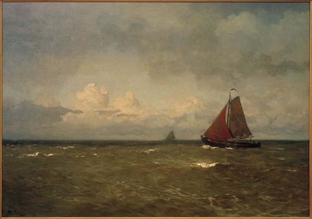 Willem Bastiaan Tholen, Plattenbodenboot auf der Zuiderzee (Boot,Himmel (Natur),Kunst,Landschaft,Meteorologie,Schiff,Schiffstypen,Wetter,Wolke,Meer,Segelboot,Niederländische Kunst,Holländische Kunst,Signatur,Schifffahrt)