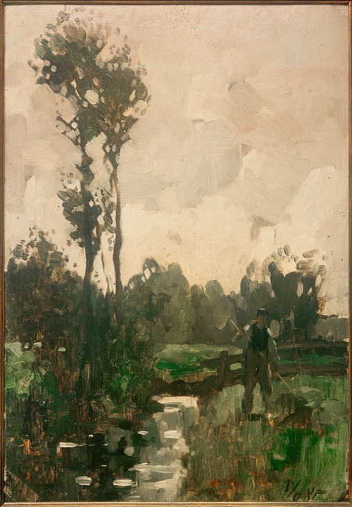 Thomas Ludwig Herbst, Bauer am Bach (Arbeit,Bauer (Landwirt),Deutsche Kunst,Gewässer,Kunst,Landschaft,Mann,Mensch,Impressionismus,Baum,Stock,Bach,Im Freien (Allgemein),Landleben,Landbevölkerung,Jahrhundertwende,Männerleben,Hamburgischer Künstlerclub,Landwirtschaft)