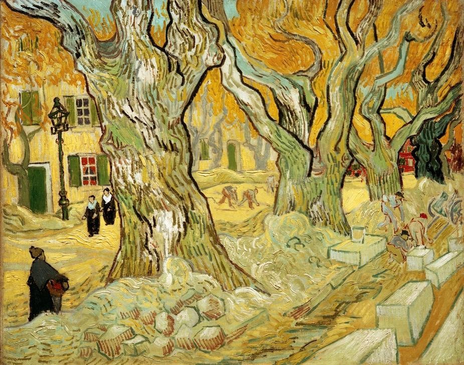 Vincent van Gogh, Straßenarbeiter in Saint-Remy (Arbeiter,Arbeit,Strassenbau,Strasse (Allgemein),Strassenszene,Verkehr,Strassenarbeiter,Impressionismus,Baustelle,Baum,Niederländische Kunst,Fussgänger,Bauarbeiten)