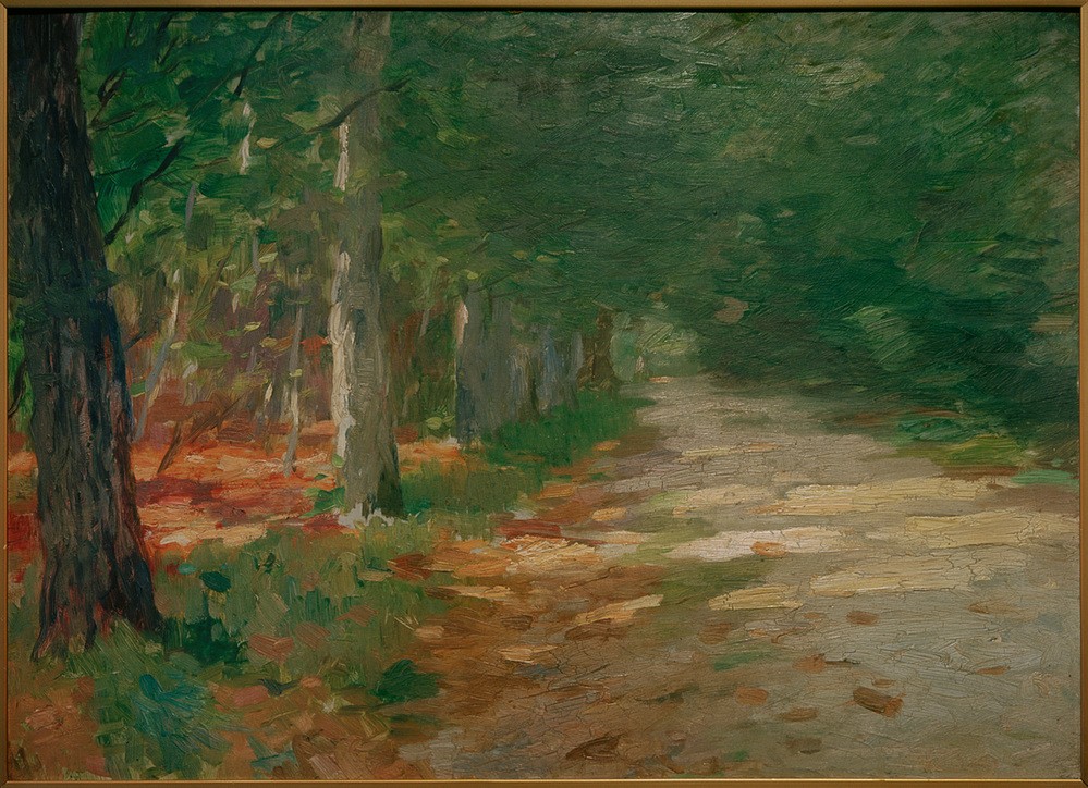 Thomas Ludwig Herbst, Waldweg mit Sonnenflecken (Deutsche Kunst,Kunst,Landschaft,Wald,Impressionismus,Baum,Sonnenflecke,Helldunkel,Weg,Sonnenlicht,Waldweg,Licht Und Schatten,Jahrhundertwende,Menschenleere,Hamburgischer Künstlerclub)