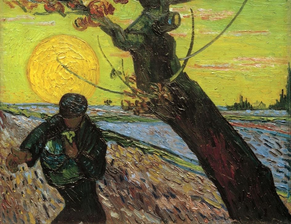 Vincent van Gogh, Le Semeur (Ackerbau,Bauer (Landwirt),Sonnenuntergang,Sonne,Tageszeiten,Abend,Impressionismus,Baum,Niederländische Kunst,Sämann,Landbevölkerung,Säen,Protestantismus,Folgen Der Reformation,Landwirtschaft)