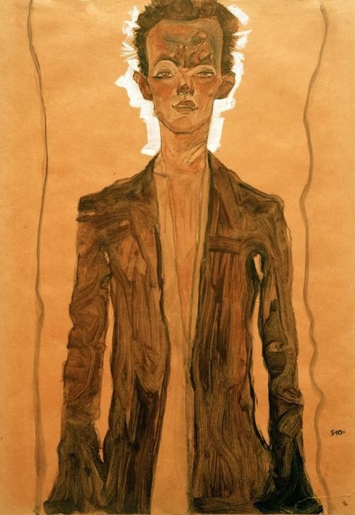 Egon Schiele, Selbstbildnis in braunem Mantel (Künstler,Maler (Künstler),Mantel,Mann,Zeichner,Selbstbildnis,Portrait,Expressionismus,Österreichische Kunst,Halbfigur,Person)
