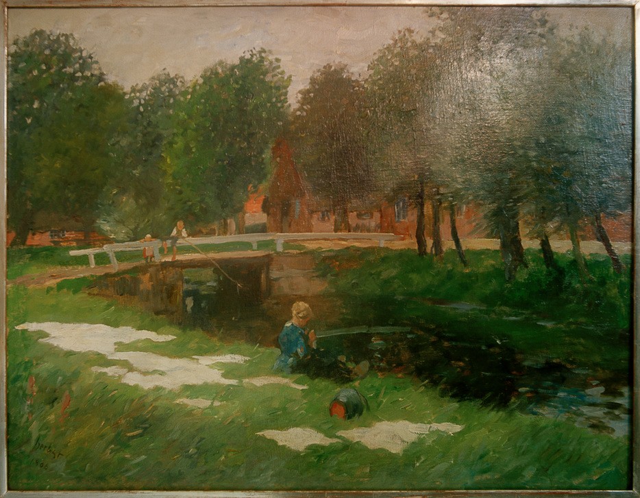 Thomas Ludwig Herbst, Wäschebleiche am Kanal (Arbeit,Brücke,Deutsche Kunst,Frau,Gewässer,Hausarbeit,Kanal,Kunst,Landschaft,Mensch,Impressionismus,Waschen,Baum,Wiese,Bleiche,Bach,Im Freien (Allgemein),Wäsche,Ufer,Wäschebleiche,Frauenleben,Frauenarbeit,Sitzen,Jahrhundertwende,Hamburgischer Künstlerclub)