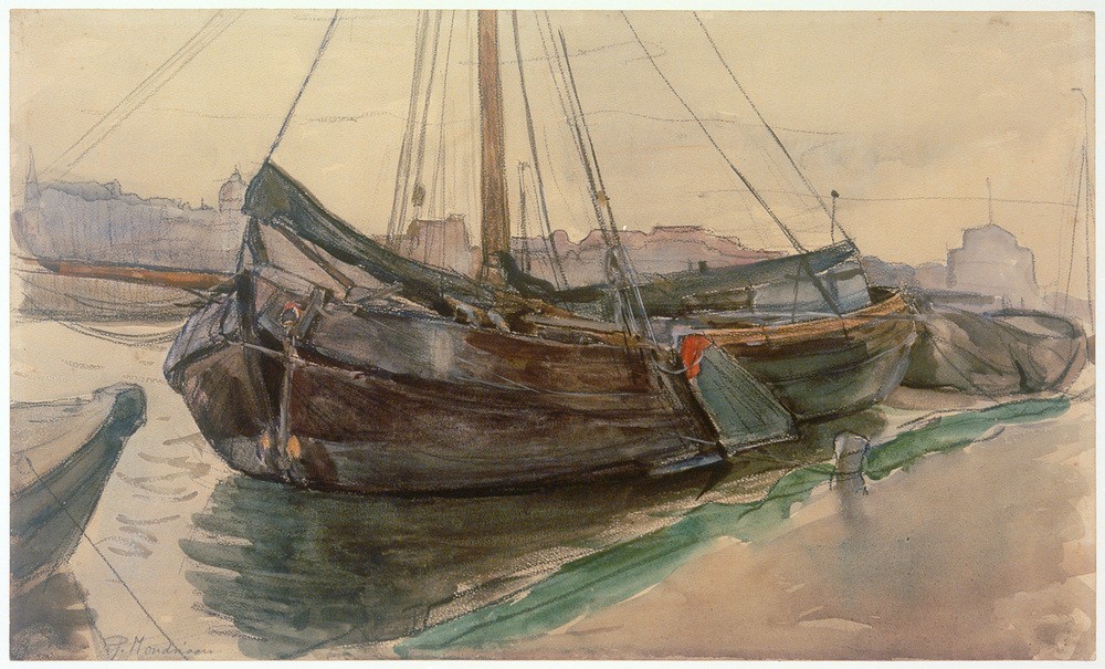 Thomas Ludwig Herbst, Fischkutter (Boot,Deutsche Kunst,Fischerei,Gewässer,Kunst,Landschaft,Schiff,Schiffstypen,Segelschiff,Verkehr,Fischerboot,Impressionismus,Segelboot,Ufer,Kutter,Hamburgischer Künstlerclub,Schifffahrt)