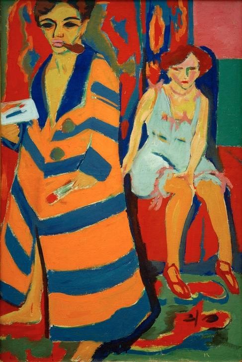 Ernst Ludwig Kirchner, Selbstbildnis mit Modell (Atelier,Deutsche Kunst,Grafiker,Frau,Künstler Und Modell,Maler (Künstler),Mantel,Mann,Modell,Pfeife (Tabak),Rauchen,Selbstbildnis,Expressionismus,Schüchternheit,Die Brücke,Sitzen,Malen,Person)