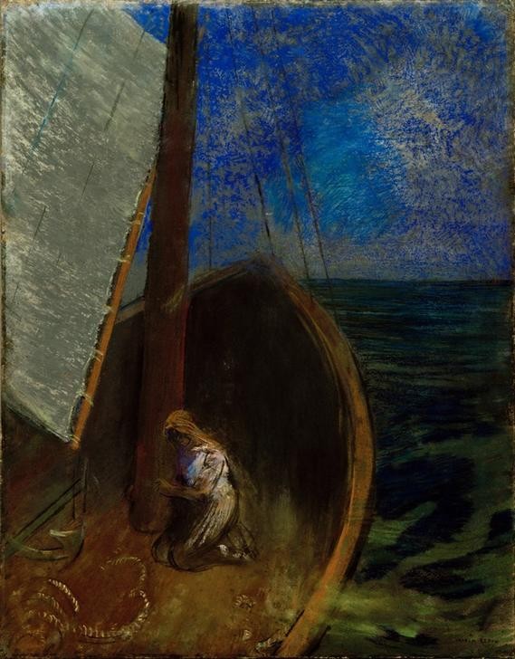 Odilon Redon, Sainte femme dans une barque (Boot,Christentum,Frau,Heilige,Kunst,Mensch,Religion,Schiff,Segelschiff,Tod,Meer,Segelboot,Symbolismus,Allegorie,Barke,Französische Kunst,Leben Nach Dem Tode,Mystik,Jenseitsvorstellungen,Jahrhundertwende,Symbolik,Schifffahrt)
