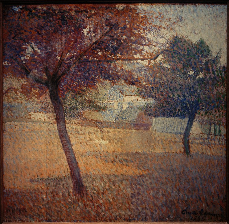 Emile Bernard, August  (Landschaft, Bäume, Jahreszeit, Sommer, Spätsommer, Pointilismus, Klassische Klassische Moderne,  Wohnzimmer, Wunschgröße, bunt)