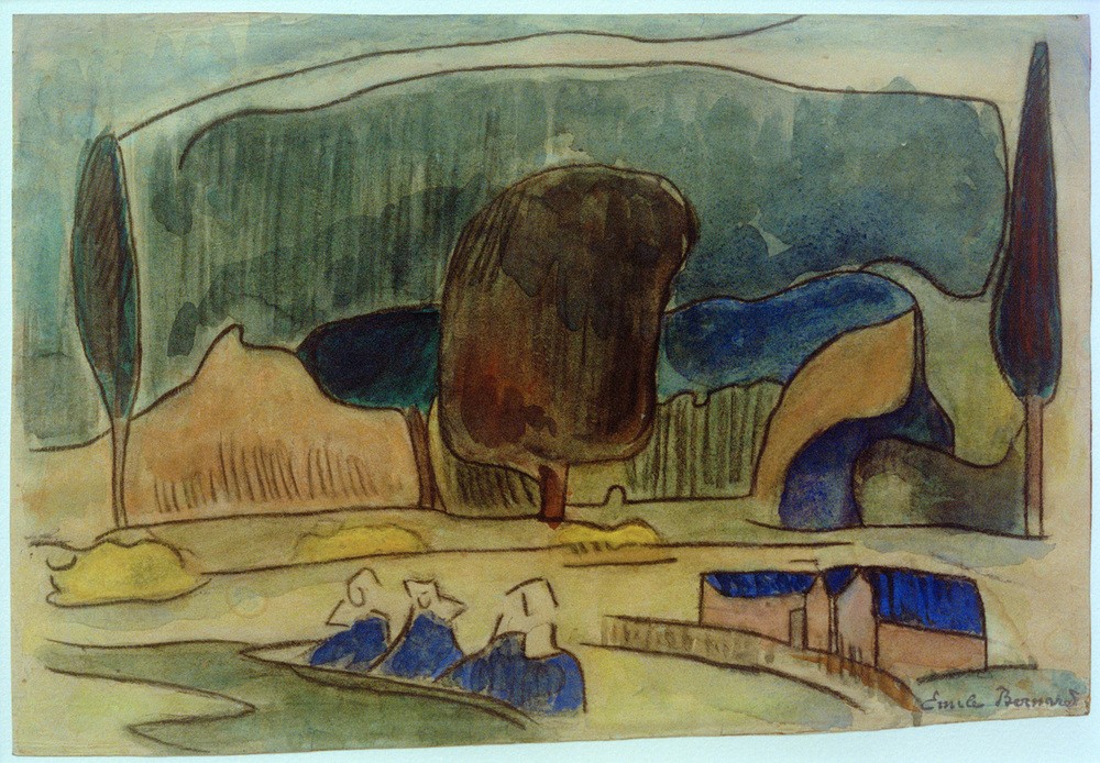 Emile Bernard, Bretonische Landschaft (Dorf, Frauen, Landschaft, Landschaftsmalerei, Frankreich,  Französische Kunst, Schule von Pont-Aven, Malerei, Cloisonismus, Wohnzimmer, Wunschgröße, bunt,)