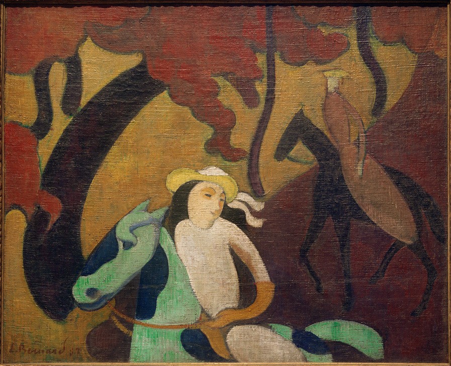 Emile Bernard, Reiterinnen auf der Robinson-Insel (Insel,Ausflug,Frau,Herbst,Jahreszeiten,Kunst,Landschaft,Mädchen,Mensch,Pferd (Tier),Freizeit,Wald,Baum,Reise,Weg,Französische Kunst,Reiterin,Tierleben,Frau Und Tier,Frauenleben,Ausritt,Waldweg,Reiten,Grün,Junge Frau,Braun,Schule Von Pont-Aven,Mensch Und T)
