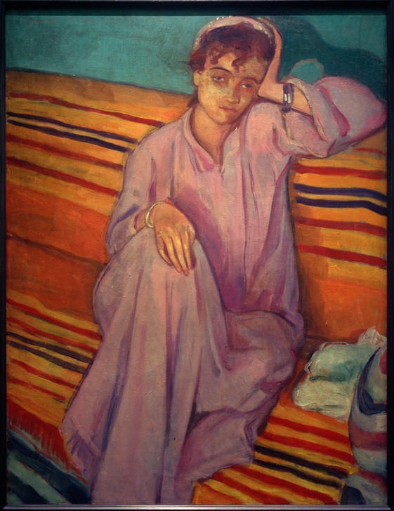 Emile Bernard, Die Afrikanerin (Ehefrau,Frau,Kopfbedeckung,Künstler,Kunst,Maler (Künstler),Mann,Möbel,Schmuck,Tracht,Orientalismus,Ehefrau Von Berühmten,Portrait,Melancholie,Hausmantel,Nachdenken,Armreif,Künstlerfrau,Langeweile,Französische Kunst,Kleid,Exotik,Kleidung (Allgemein),Kaftan)