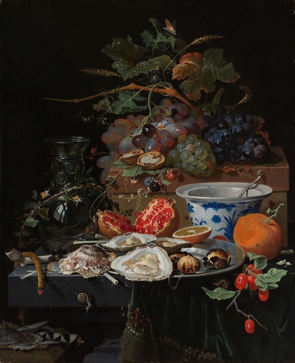 Jan Davidsz.de Heem, Still Life with Fruit, Oysters and a Porcelain Bowl (Früchte,Glas,Nahrungsmittel,Auster,Mollusken,Panneau)