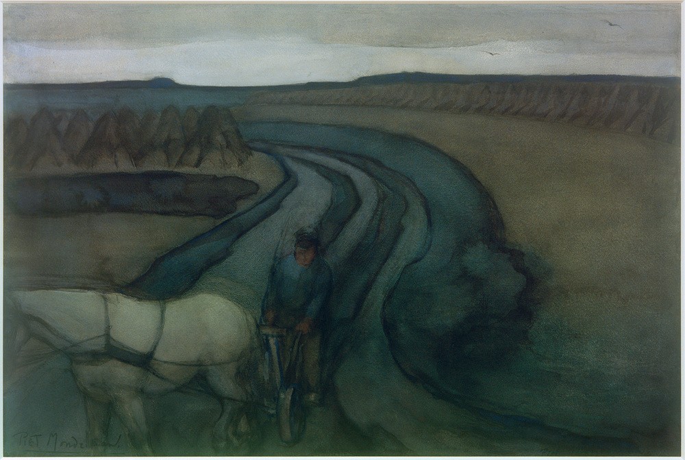 Piet Mondrian, Bei der Arbeit (Bauer (Landwirt),Landarbeiter,Landschaft,Pferd (Tier),Pflug,Acker,Niederländische Kunst,Feld,Jahrhundertwende,Pflügen,Feldarbeit,Nutztier,Landwirtschaft)