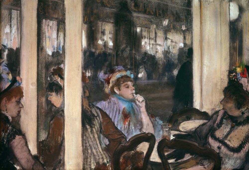 Edgar Degas, Femmes à la terrasse d’un café (Frau,Gastronomie,Impressionismus,Langeweile,Alleinstehende,Französische Kunst,Cafe,Frauenleben,Daumenlutschen,Stadtleben)